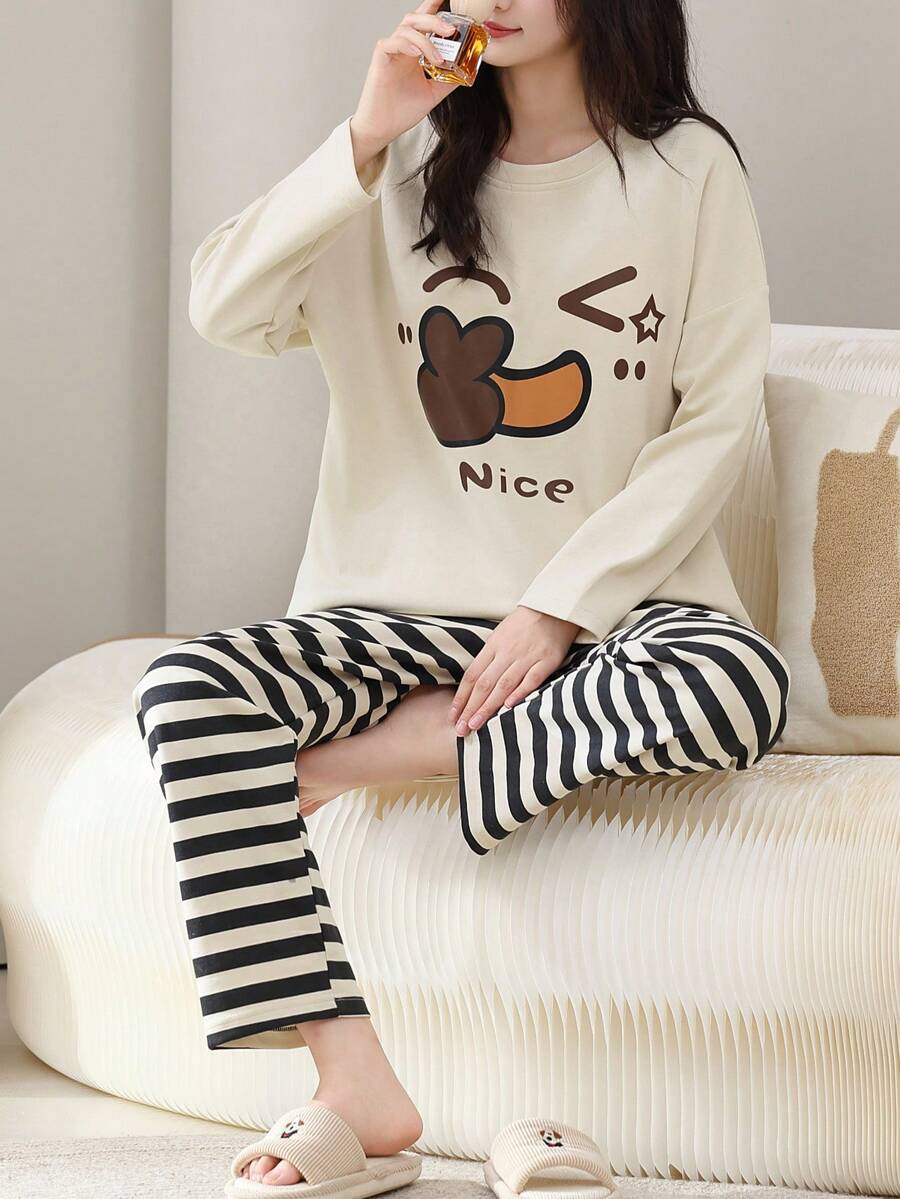 2件組女款睡衣家居服套裝,情侶風可愛印花套頭圓領長袖上衣搭配長褲,易打理面料 - 香檳色 - 查看 1