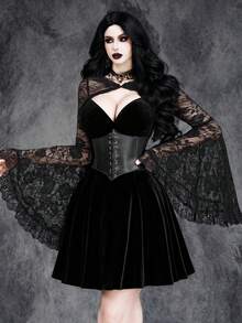 Women's Sexy Gothic Halloween Witch Costume: Deep V-Neck Stretch Velvet Dress With Lace Patchwork And Attached Cape - Black - View 4