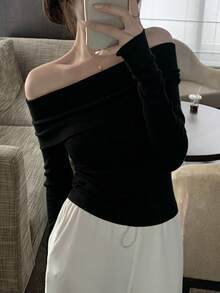 Women's Fashion Pullover Sweater Long Sleeve High Elastic Fabric Top - Black - View 5