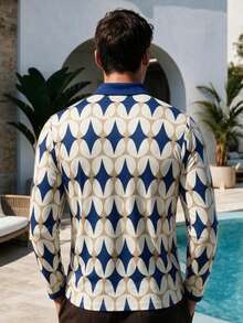 Men's Vacation Blue Tone Star Ring Geometric Print Long Sleeve Polo Shirt - Multicolor - View 3