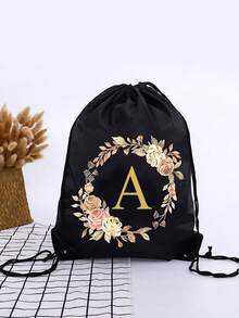 1pc Floral Wreath Alphabet Initial Drawstring Backpack, Letter Print Drawstring Bag, Light Sports Gym Sack, Portable Storage Bag For Travel Sports - Black - View 37