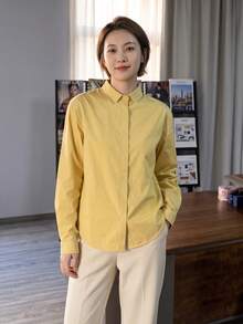 Y6Y 2025 Spring Long Sleeve Solid Yellow Dopamine Elegant Minimalist Layering Inner/Outer Wear Premium Shirt For Women - Yellow - View 5