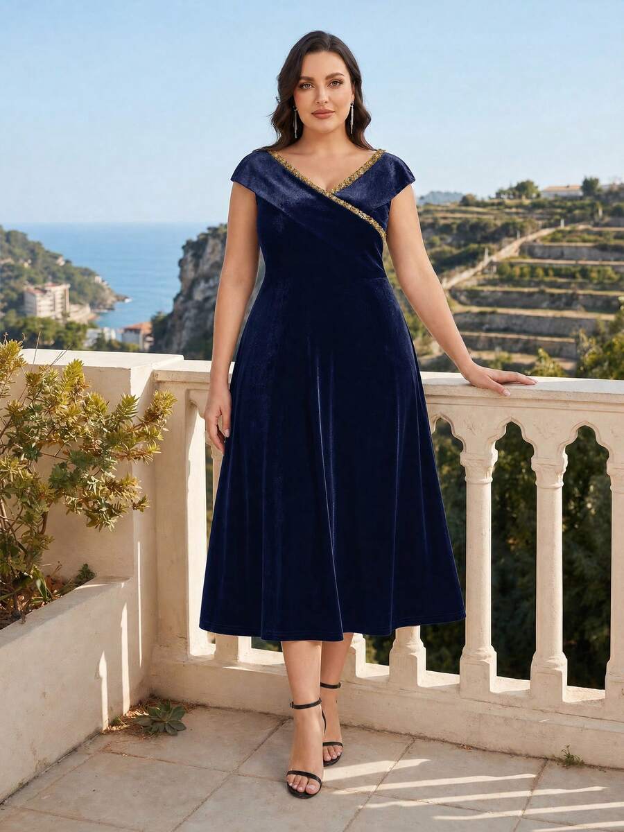 EVERPRETTY Plus Size Autumn Luxury Elegant Rhinestone V-Neck Velvet Navy Blue Formal Evening Dress Suitable For Parties, Banquets And Formal Occasions - Navy Blue - View 1