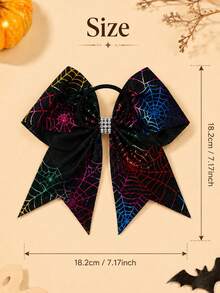 1pc Halloween Gradient-Colored Spider Web Print Bow Hair Tie,Rhinestones Decor,Elegant Fashion Exquisite Hair Tie,Halloween Party Hair Accessory,Kids - Multicolor - View 5