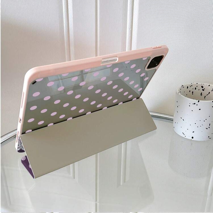 1pc Purple Polka Dot Pink Rose Lace Patchwork Pattern Tri-Fold Tablet Protective Case, Foldable Stand, Multi-Angle Viewing, Suitable For Work And Entertainment, With Pen Slot, Compatible With IPad Pro 2024/Air M3/A16 2025, Compatible With Xiaomi, , MatePad - Multicolor - View 7