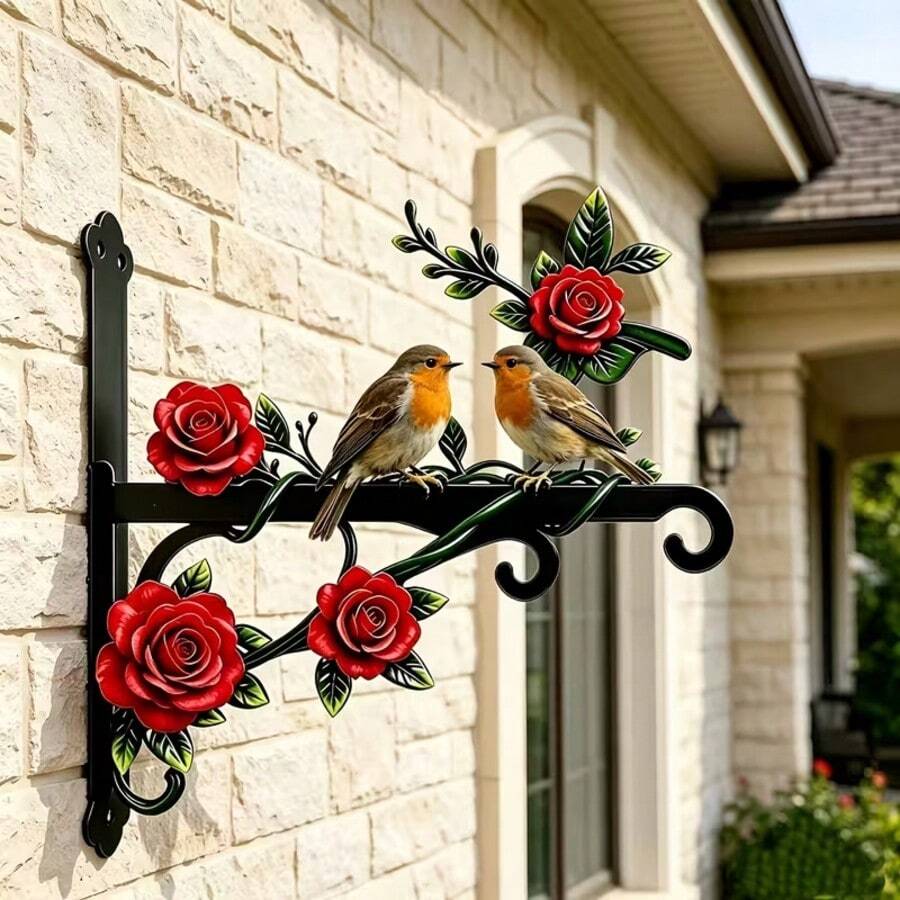 Iron Outdoor Hanging Bracket With Robin Rose Wreath Design, Vibrant Colors, Double-Sided Painting, Includes Screws, Decorative And Practical, Sturdy Iron Material; Suitable For Hanging Bird Feeders, Wind Chimes, Flower Baskets - 1pcs - View 1