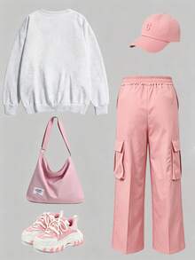 2pcs/Set Suitable For Girls Big Kids Crew Neck Sweatshirt And Cargo Pants Outfit, Printed Heart Sequin Pattern Crew Neck Sweatshirt + Cargo Pants Matching Set, Suitable For Autumn/Winter Daily Wear - Multicolor - View 3