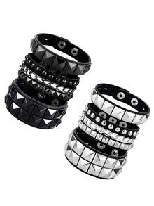 3/6 Buah Gelang Bertabur Gaya Punk, Gelang Rantai Kulit PU yang Dapat Diatur untuk Wanita dan Pria, Aksesoris Goth Emo untuk Halloween - MultiWarna - View 7