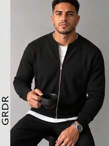 GRDR كارديجان رجالي محبوك بأكمام طويلة ولون موحد مع سحاب أمامي للخريف/الشتاء - الأسود - مشاهدة 2
