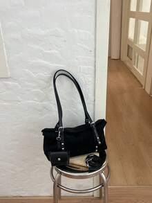 Dedoo 女款純色鉚釘扣可拆式迷你托特包，附額外肩帶，中容量復古休閒手提包，適合日常通勤與旅行 - 黑色 - 查看 7