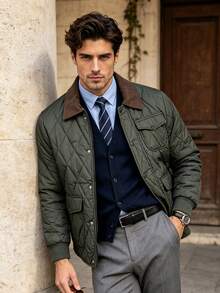 Men's Autumn/Winter Fashion Long Sleeve Colorblock Collared Padded Coat, Suitable For Daily Commute And Vacation - Green - View 3