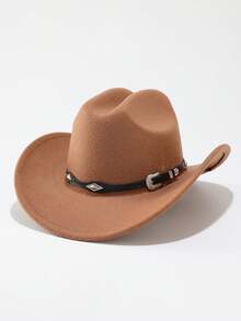 1pc European And American Style Western Cowboy Hat, Metal Buckle Decor Wide Brim Hat, Outdoor Travel Vintage Atmosphere Hat - Diamond-shaped Metal Buckle - View 9