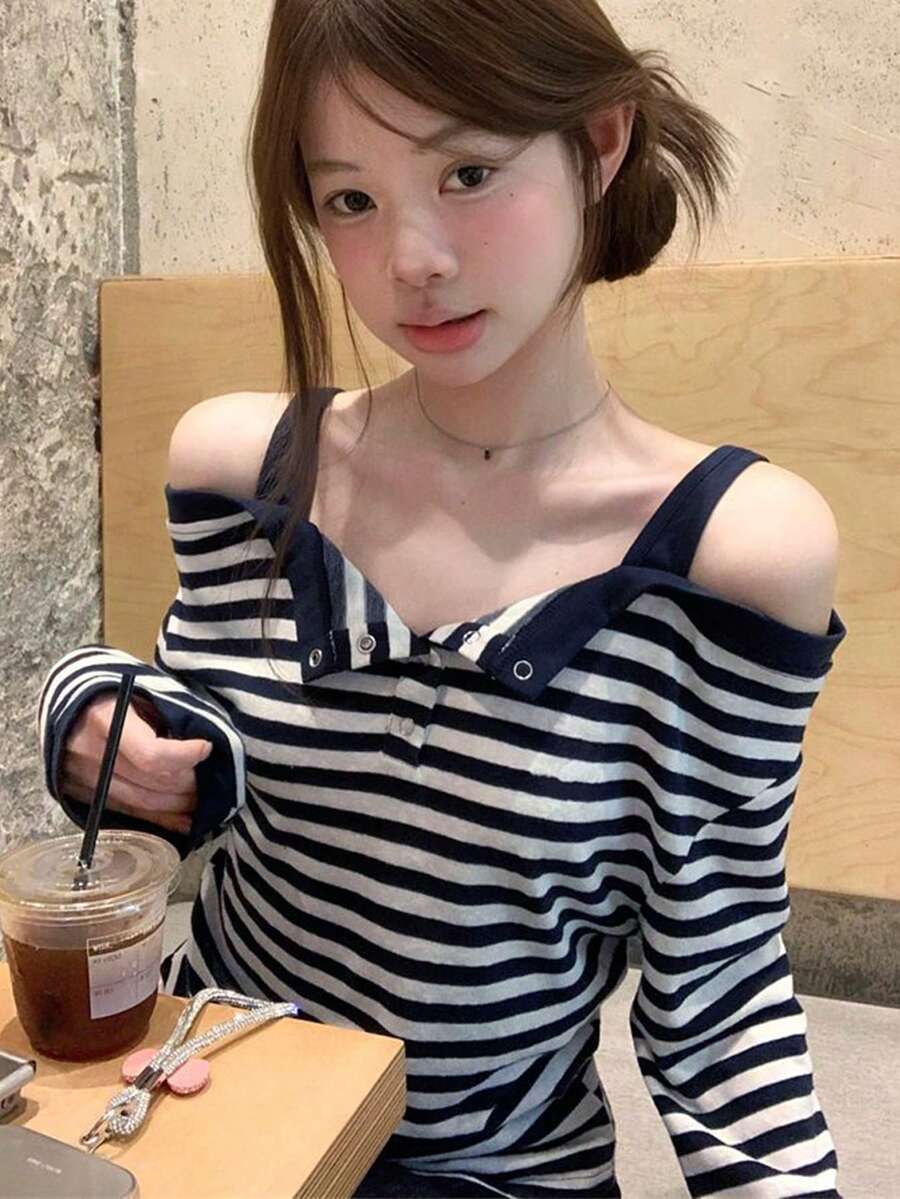 Korean Style Autumn New Slouchy Striped Half-Open Collar Open Shoulder Long Sleeve T-Shirt For Women - Navy Blue - View 1