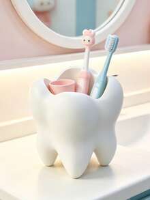 1pc Cute White Tooth-Shaped Kids Bathroom Toothbrush Holder Toothpaste Storage Organizer - White - View 5