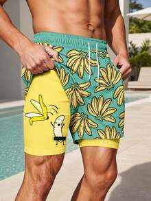 Men's Vacation Style Banana Print Double Layer Shorts - Multicolor - View 1