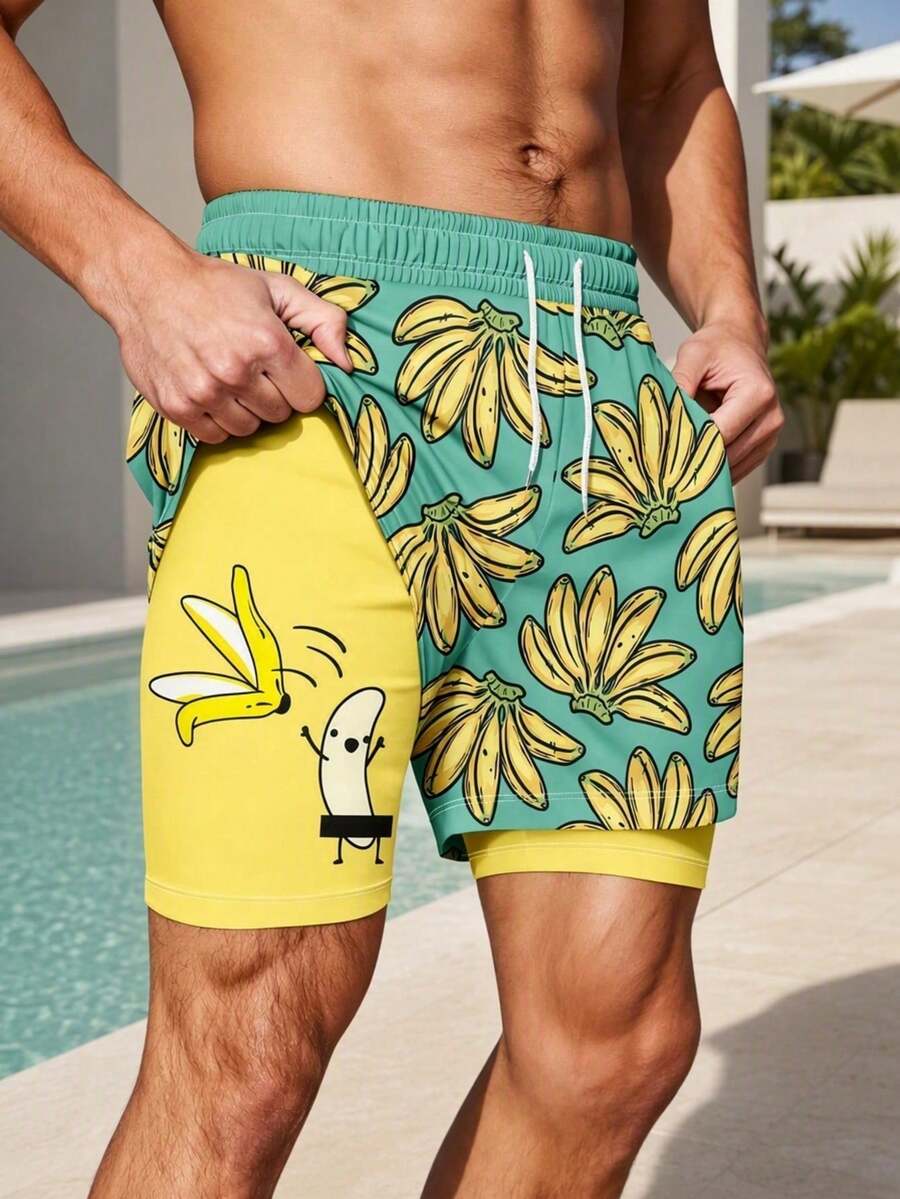 Men's Vacation Style Banana Print Double Layer Shorts - Multicolor - View 1