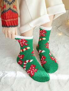 3 Pairs Random Assorted Women's New Christmas Warm Anti-Cold Soft Coral Fleece Floor Socks, Fun Fashionable Cute Mid-Calf Socks, Suitable For Christmas Home Party Wear And Daily Gifting - Multicolor - View 6
