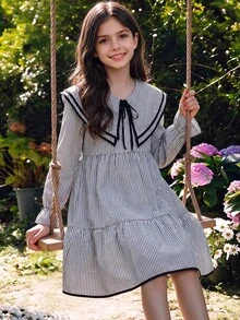 Tween Girls Tween Girl Autumn/Winter Transition Season Autumn Dress, Comfortable Loose Fit, Black & White Striped Color Block, Layered Ruffle Collar, Bowknot Rope Tie, Doll Style A-Line Ruffle, Cute Pastoral Vacation Casual Everyday - Multicolor - View 7