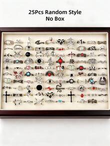 15/25Pcs/Lot Vintage Punk Colorful Stones Men Women Rings Spider Skeleton Bat Random Styles Festival Party Gifts For Friends Daily Wearing Accessories - Vintage Black Stone Flower Gun Black Punk Ring - View 8