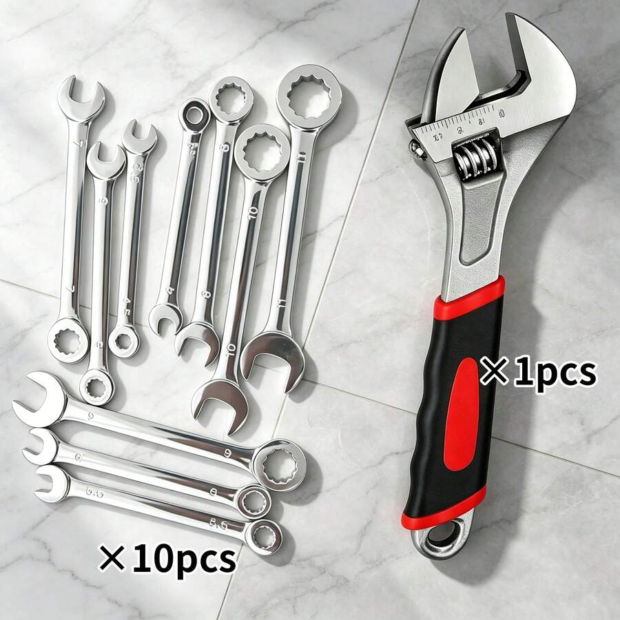 UNISURE 11pcs Universal Wrench Tool Set, 10pcs Metric Double-Ended Wrenches 4-11mm + 6" Adjustable Wrench, High Carbon Steel Material, Simple Silver Open/Box End And Adjustable Jaw Details, Multi-Function Wrench Tool Set For Tightening Bolts, Suitable For Bicycle Repair, Furniture Assembly And Father's Day Gift