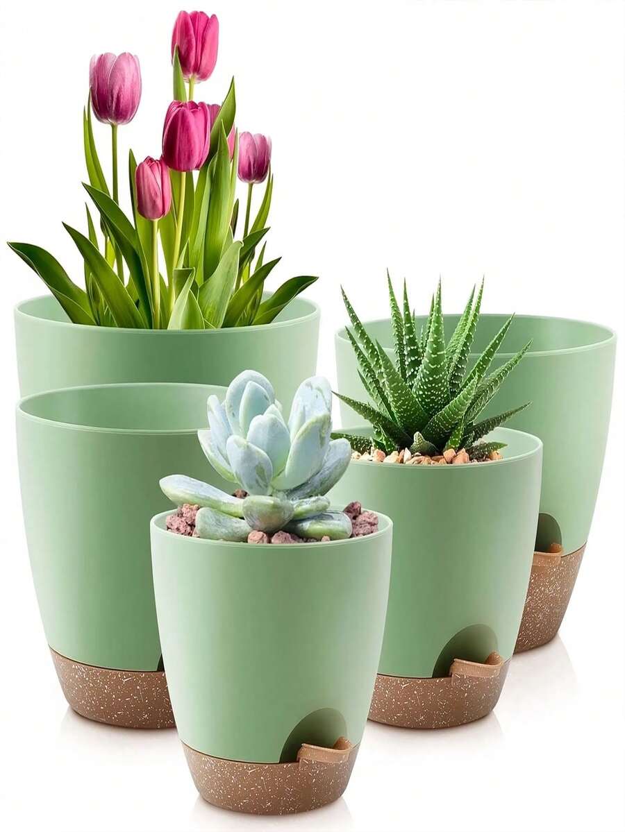 5-Piece Flower Pot Set For Home Balcony Vegetable Planting, Flower And Succulent Green Plant Cultivation With Base - B - View 1