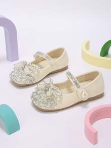 Girls' Cream White Exquisite Pearl & Rhinestone Bow Mary Jane Shoes, Suitable For Autumn Banquet And Holiday Party Outfits - Beige - View 5