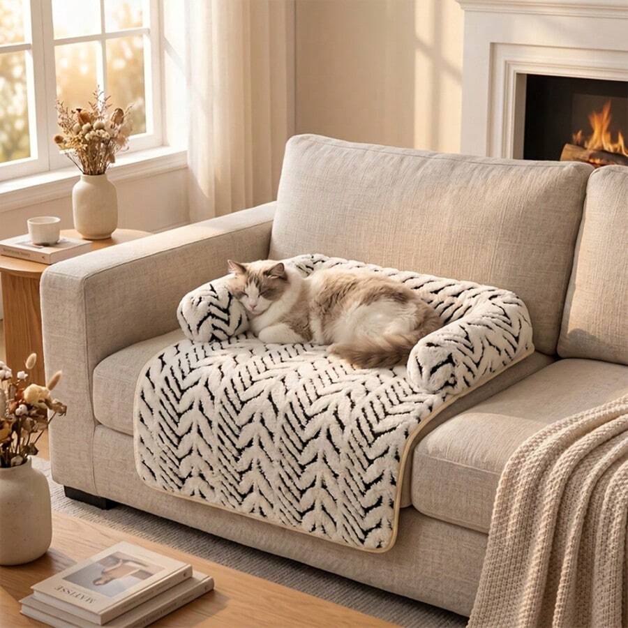 1pc Plush Pet Sofa Bed, Black And White Geometric Pattern With Raised Bolster Pillow, Dog Sofa Pad, Anti-Scratch Furniture Protector, Non-Slip Bottom, Suitable For Cats And Dogs Resting, Sleeping And Living Room Use - Black and White - View 1
