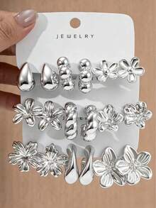 6/18PCS Fashionable Elegant Floral Geometric Multi- Silver Metallic Earring Set, Women's Fashion Earring Set, Daily Wear, (Lightweight CCB Material, Non-Fading) - Silver - View 6