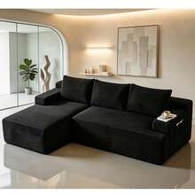 Modular 3-Seater Corduroy Sectional Sofa With Extra Large Chaise Lounge, Deep Seat Design, No Assembly Required, Ideal For Living Room & Bedroom - Black - View 13