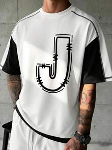 Men's Classic Fashion English Letter Patchwork Raglan Sleeve Loose Short Sleeve T-Shirt, Summer Wardrobe Essential T-Shirt - White - View 5