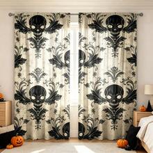 2PCS Halloween Curtains, Retro Distressed Beige Background Black Skull Ornate Print, Halloween Gothic Style Decorative Window Drapes For Home Decoration - Multicolor - View 8