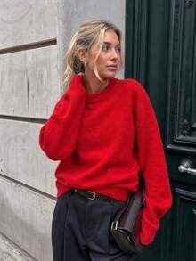 Women's French Vintage Red Round Neck Sweater, Loose Drop Shoulder Slouchy Ribbed Long Sleeve Knit Top, Autumn/Winter - Red - View 4