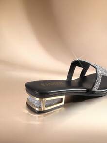 Etoivie Light Luxury Rhinestone H-Shaped Low Heel Sandals For Women, Square Toe Slides With Chunky Heel Halloween - Black - View 4