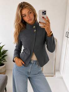 Women Fall Elegant Retro Asymmetrical Button Stand Collar Long Sleeve Diagonal Wrap Slim Fit Outerwear, Daily Office Going Out Commute Fall Outfit - Dark Grey - View 2