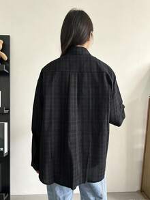 女士复古格子衬衫，韩版宽松长袖外套，秋季黑色春季款 - 黑色 - 查看 7