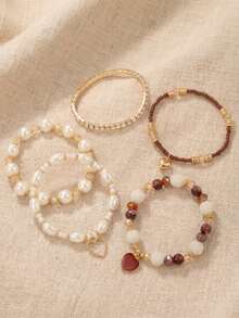 5pcs Bohemian Style Multi-Layer Stackable Bracelet Set, Vintage Faux Pearl Rhinestone Beaded Heart Pendant Women's Bracelets, Daily & Vacation Accessories - Brown - View 4