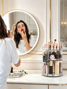 1pc 360° Rotating Makeup Organizer, Transparent Cosmetic Display Rack, Large Capacity Vanity Storage Organizer, Suitable For Lipstick, Brushes, Cream, Eyeshadow, Nail Polish And Jewelry, Desktop, Bathroom, Vanity Makeup Storage Box - Multicolor - View 5