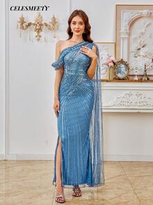 Teal One-Shoulder Sequin & Bead Embellished Evening Gown With Cape Sleeves And High Slit, Suitable For Parties, Weddings, Occasions, Weddings - Lake Blue - View 5