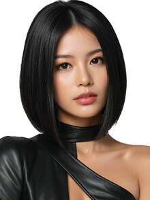 12 Inch Black Middle Part Women's Wig, Natural Style, Suitable For Daily, Party And Ball Occasions,Halloween - Black - View 4