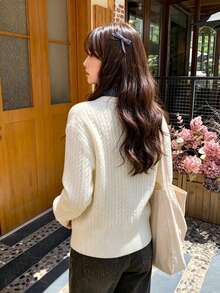 Women's Small Plaid Lace-Up Colorblock Knitted Sweater, V-Neck Single-Breasted Cable Knit Cardigan, Autumn/Winter New Style - White - View 7