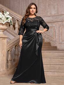 Plus Size Sequin Floral Lace Patchwork Ruffle Satin Long Evening Dress, Suitable For Wedding Guest, Formal Party, Gala, Celebration Elegant - Black - View 3