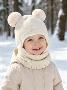 Autumn/Winter Kids Pullover Hat With Double Pom Poms, Ear Flaps, Solid Color Cute Knitted Woolen One-Piece Hat For Baby Boys And Girls - Multicolor - View 2