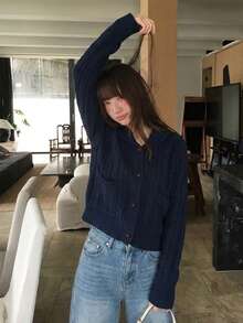 Autumn/Winter Soft & Sweet Knitted Sweater, Retro Cable Knit High-Quality Pullover For Women - Navy Blue - View 3