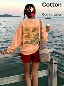 Women's Peach Pullover Sweatshirt With SunflowerPrint, Rib-Knit Details,Round Neck, Long Regular Sleeves,Medium StretchKnitted FabricFall Outfits - Hami Melon Orange - View 5