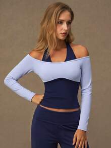 VVX Women 2 In 1 Color Block Halter Neck Yoga Crop Tops Sexy Backless Workout Sports Gym Outdoor Top Casual Contrast Color Soft - Blue - View 4