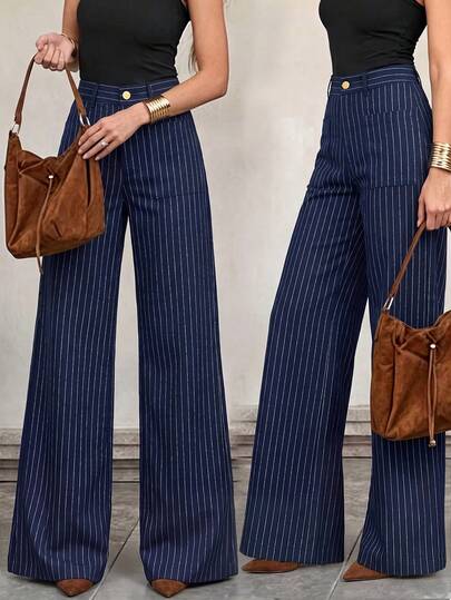 Pantaloni da donna classici blu con sottili righe verticali, gamba ampia, tasche, stile casual raffinato, adatti per ufficio e uso quotidiano