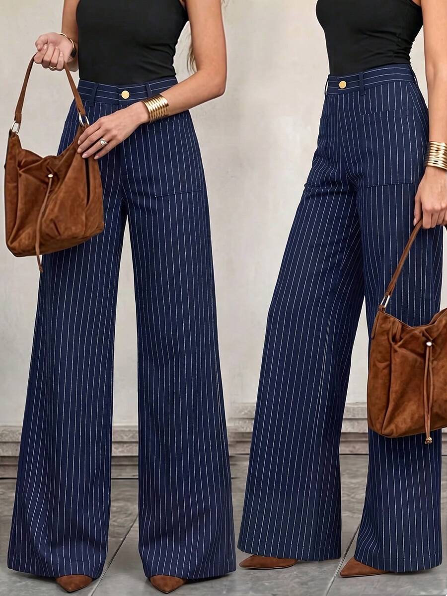 Women's Classic Blue Fine Vertical Striped Wide Leg Pants, Pocket Exquisite Casual Style Office Daily Wear Bottoms - Dark Wash - View 1