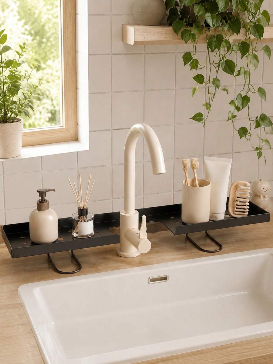 Over‑The‑Faucet Sink Organizer Rack, 90‑Degree Foldable Design Countertop Space And Keeps Sink Tidy, Holds Soap Dispenser, Toothbrushes, Toothpaste And Small Bathroom Supplies, Perfect For Bathroom Sink, Household Washroom Dorm Use - Multicolor - View 1