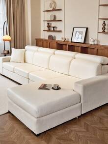 1pc Solid Color Faux Leather Elastic Semi-Cover Sofa Cushion Cover, Multi-Functional Universal Sofa Cover For All Seasons, Pet Friendly Old Sofa Renovation Holiday Decoration, 1-4 Seat Straight Sofa Combination Sofa - Beige - View 4