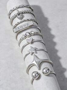 9pcs LOVE Letter Star & Heart Pendant Rings Set, Suitable For Women's Date, Music Festival, Party Stacking - Silver - View 4